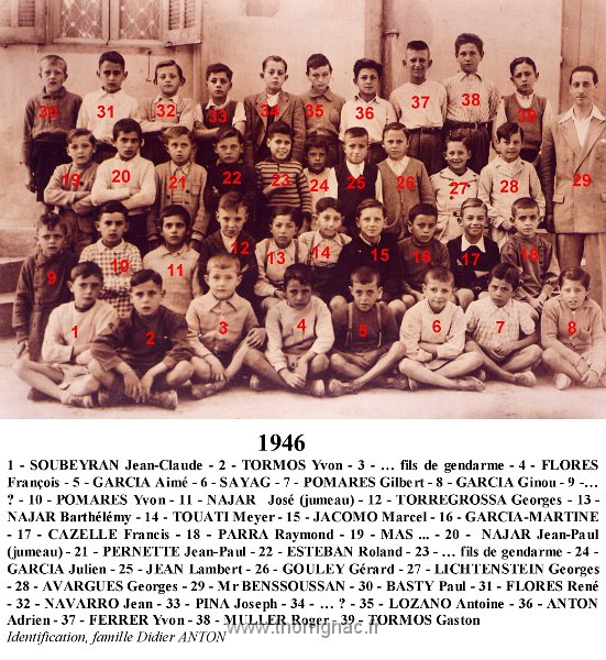 Classe 1946.jpg - Classe de garçons d'Hennaya 1946. Identification, famille Anton.