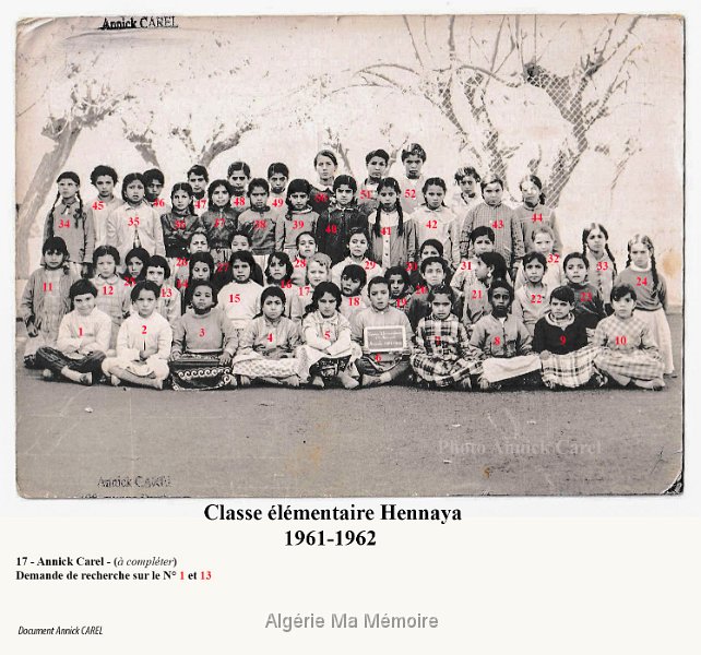classe elementaire 1961 1962 Hennaya numerotee N 17.jpg - Classe élémentaire 1961-1962 à compléter particulièrement les numéros 1 et 13. Documents Annick Carel.
