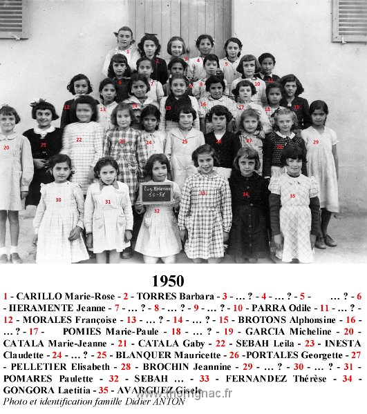 classe filles 1950.jpg - Classe de filles d'Hennaya en 1950 - Photo et identification, famille Didier Anton